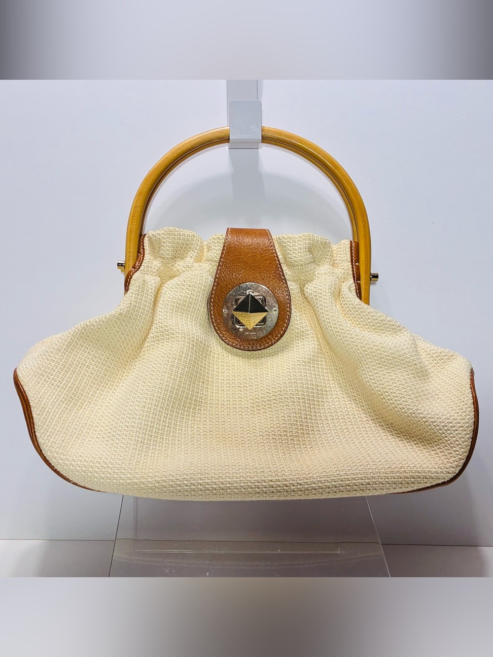 RARE Y2K VTG Kate Spade Cream Woven Top Handle Bag with Tan Leather Trim Satchel